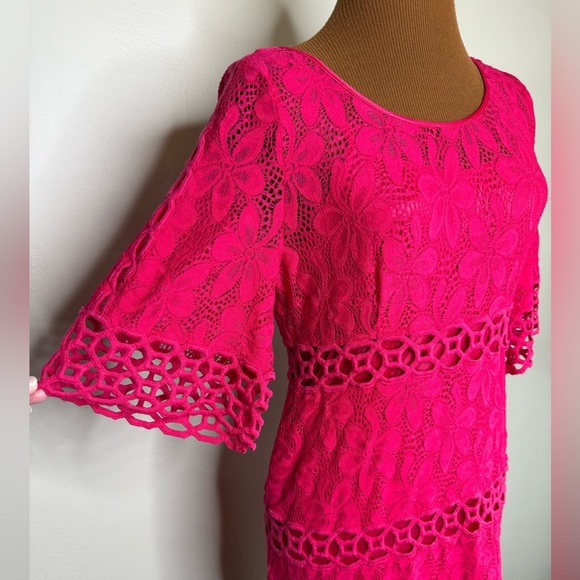 Laundry Shelli Segal Dress Pink Crochet Floral Knit Short Sleeve Sheath Size 6 - Picture 4 of 12